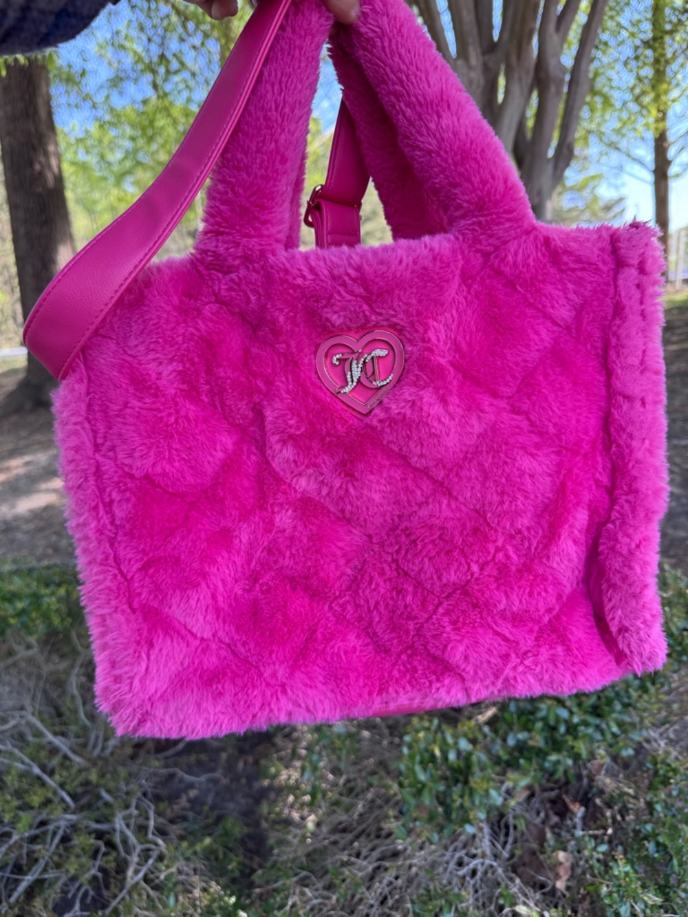 Juicy Couture Hot Pink Faux Fur Tote Bag with Heart Emblem